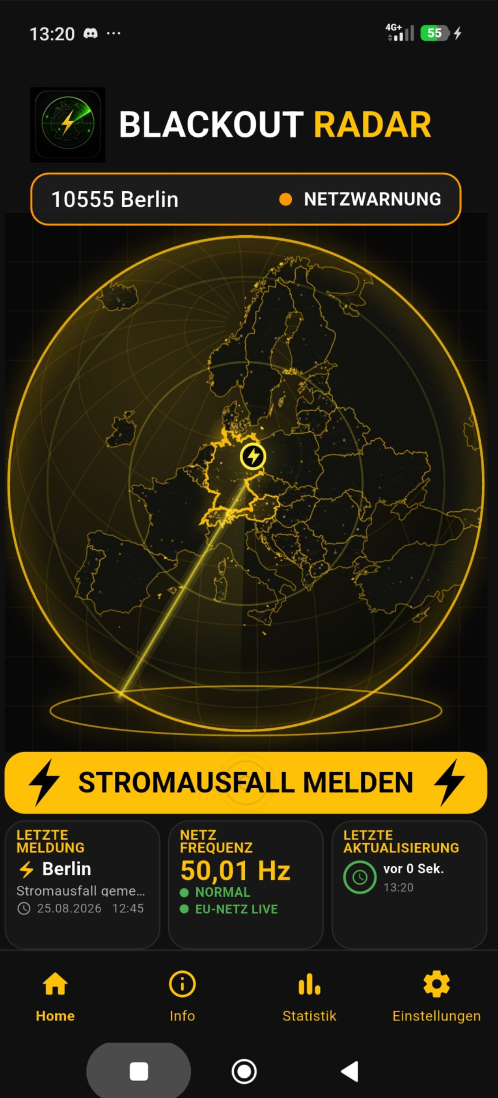 Startansicht der Blackout Radar App mit Europakarte, Netzfrequenz und Meldefunktion