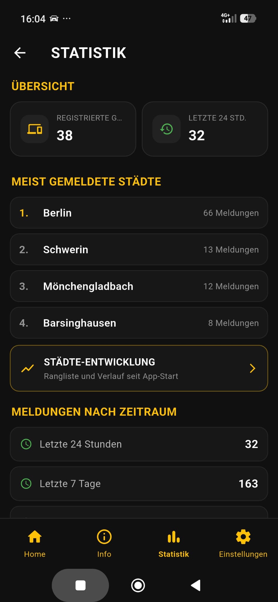 Statistikübersicht der Blackout Radar App