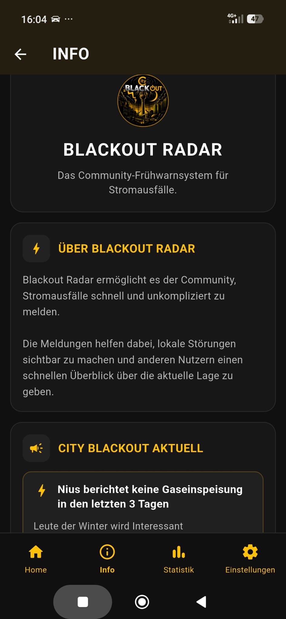 Informationsbereich der Blackout Radar App
