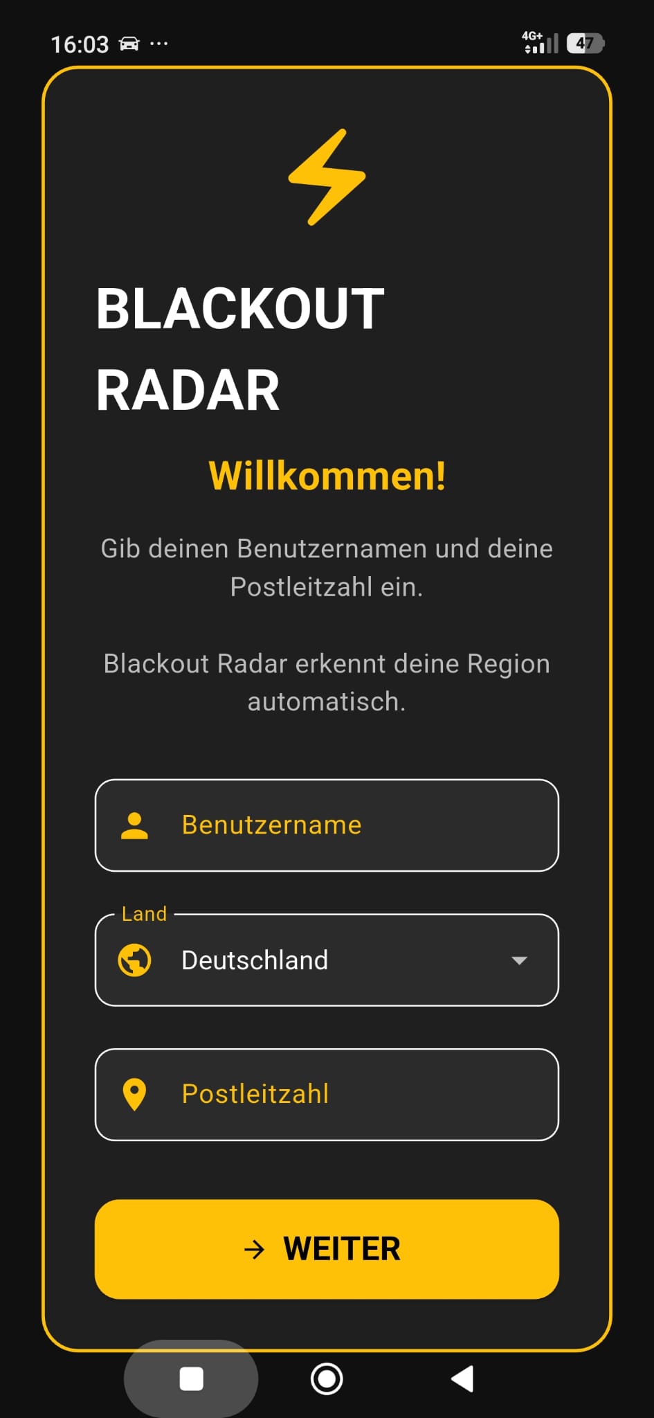Willkommensseite der Blackout Radar App