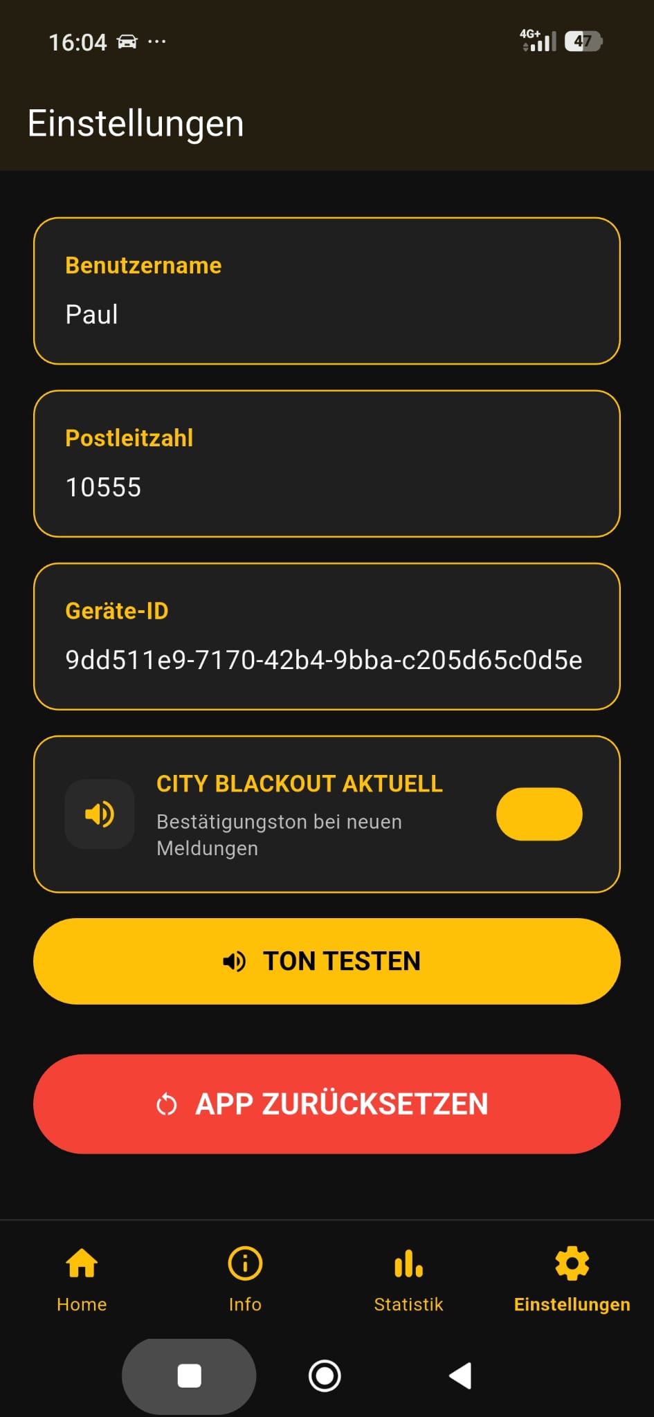 Einstellungen der Blackout Radar App